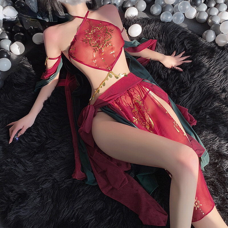 Hanfu-disfraces de escenario de alta división para mujer, traje de vestido de noche Cosplay clásico de Anime, vestido largo Floral de encaje Halter