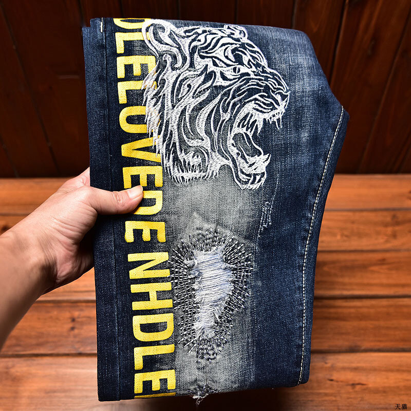 Jeans bordado estampado de alta qualidade masculino, slim fit, elegante, remendos angustiados, elástico riscado, panela jeans casual na moda, novo