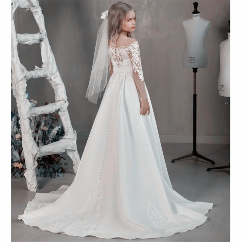 Flower Girl Dresses Satin Appliques Tailing Long Sleeves For Wedding Kids Birthday Party Banquet Princess First Communion Gown