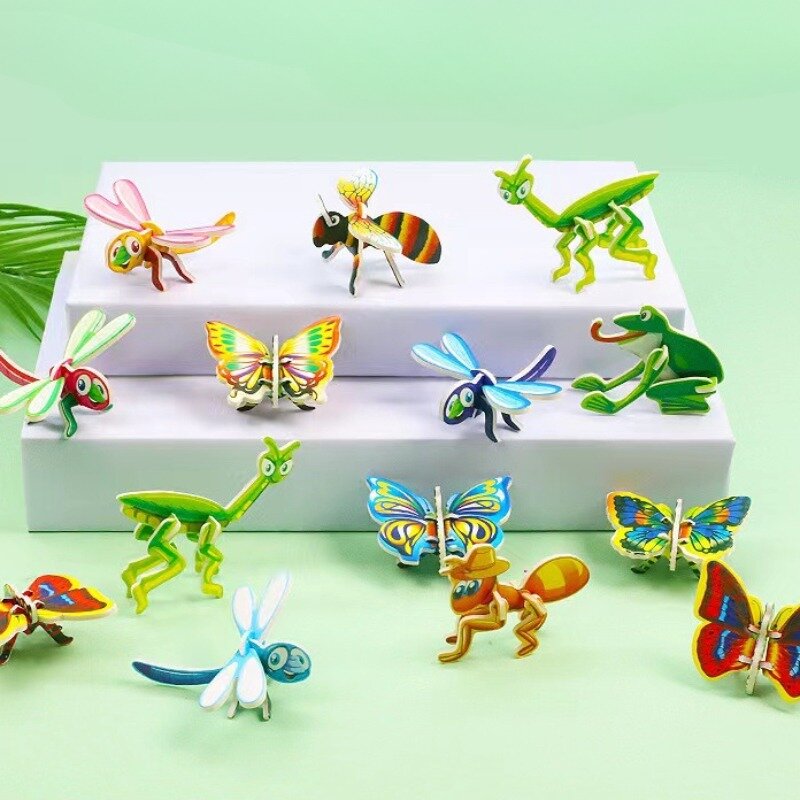 Puzzle kertas serangga Mini, mainan edukasi anak-anak, teka-teki serangga kreatif, mainan Puzzle buatan tangan DIY, keterampilan buatan tangan