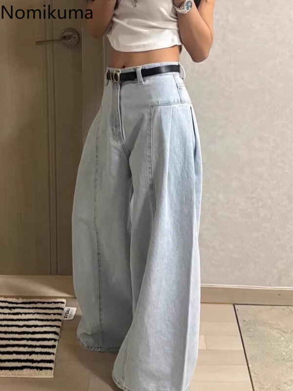 กางเกงยีนส์สไตล์สตรีทฮาราจูกุของผู้หญิงกางเกงกางเกงขาทรงกระบอกเอวสูงเสื้อผ้าผู้หญิงกางเกงขาม้า Y2k เกาหลี