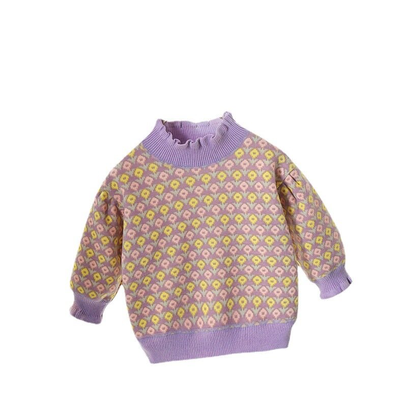 Cute Children Girls maglioni moda stampa floreale colletto con volant pullover lavorati a maglia a maniche lunghe autunno inverno bambini top termici
