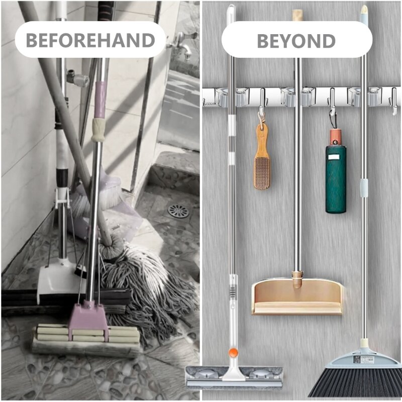 Stainless Steels Brooms Holder Sturdy Mop Wall Mounted Clean Tool Rack K92A