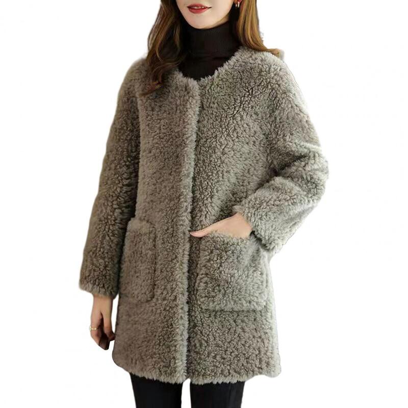 Зимнее женское пальто, плюшевый теплый кардиган с длинным рукавом, ветрозащитная куртка с круглым вырезом и карманами, то женское пальто