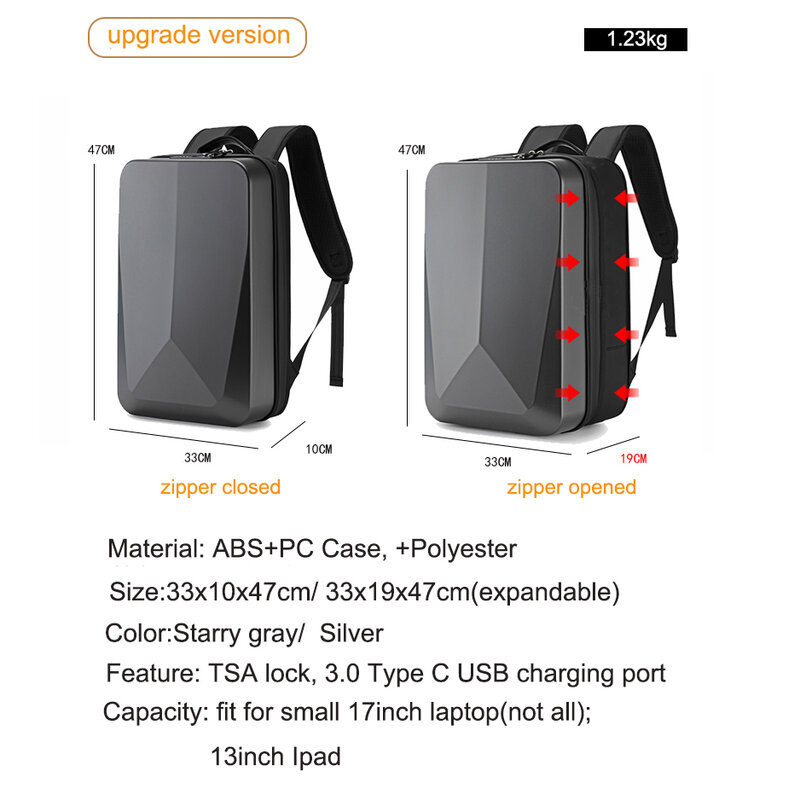 Multifunktions-Hartschalen-erweiterbarer Laptop-Rucksack, wasserdichter Reises piel rucksack mit USB-Bücher tasche mit Schloss für 15,6 Zoll