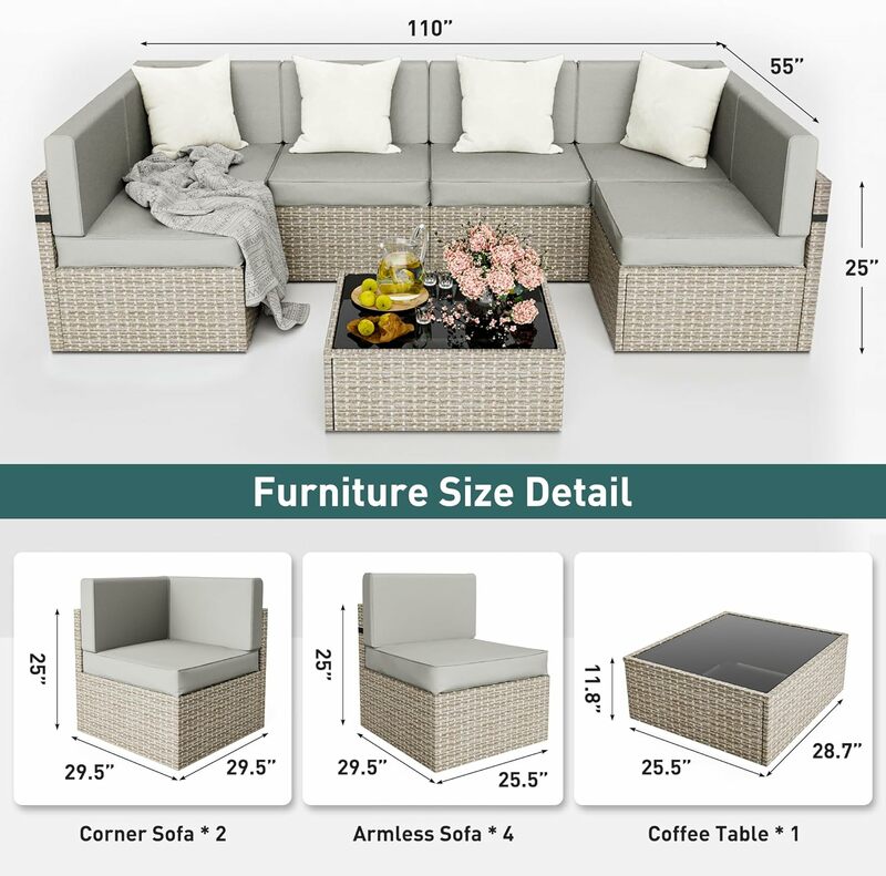 Sofá secional do pátio de vime ao ar livre, mobília mediterrânea ajustada, sofá do Rattan, conversação modular ajustada, 7 PCes