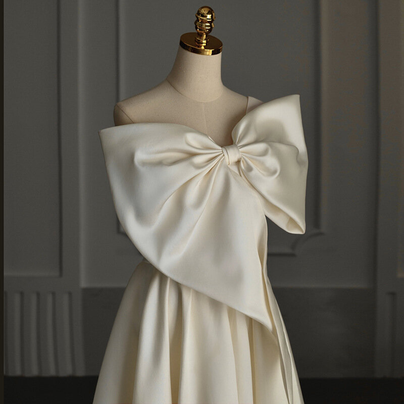 Mode One Shoulder Trouwjurken Met Big Strik Elegante Lange Mouwloze Bruiden Trouwjurken Comfortabele Satijnen Prom Dress