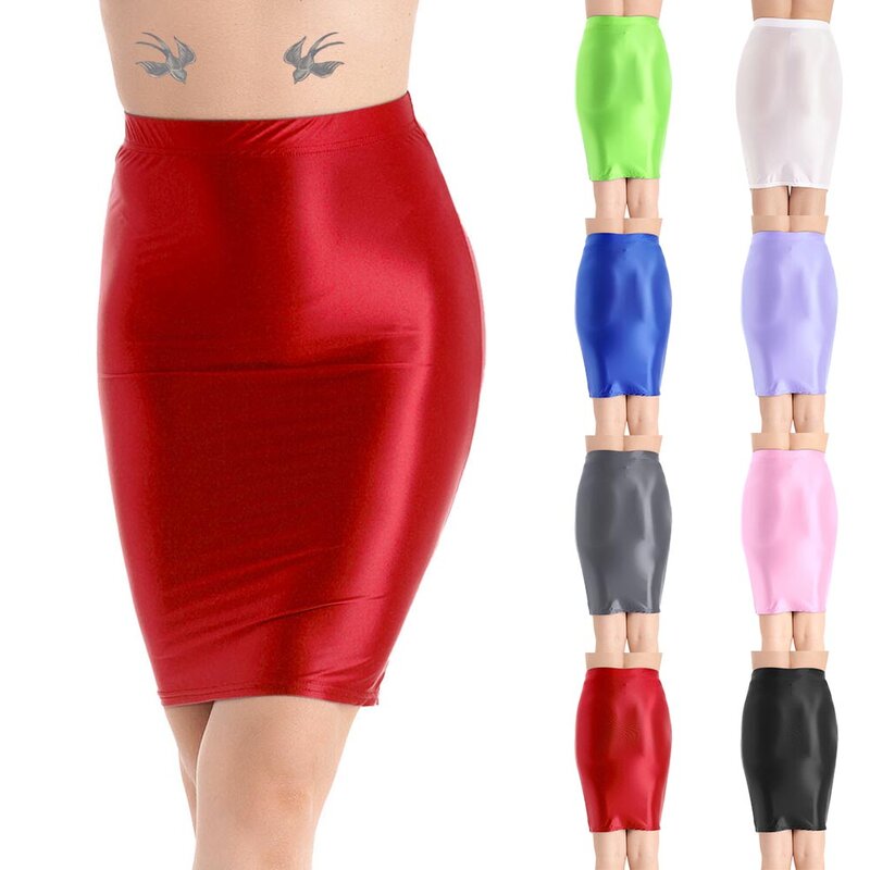 Women Glossy Shiny High Waist Pencil Mini-Skirt Stretchy Bodycon Shirts Clubwear 2023 Fashion Fit A-Line Sexy Tight Skirt