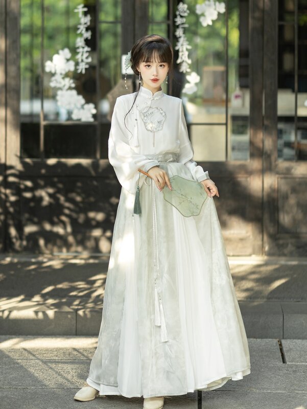 Chinese Traditional Dress Hanfu Women's Clothing Improved Version Light Green Horse Face Skirt Pleated Skirt Daily Set Summer