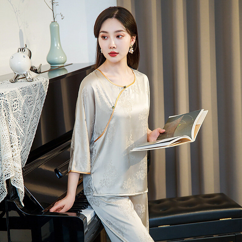 Pijama de seda de hielo para mujer, conjunto de estilo chino con cubierta de satén simulado y Jacquard, ropa de casa con estampado fino, novedad de verano
