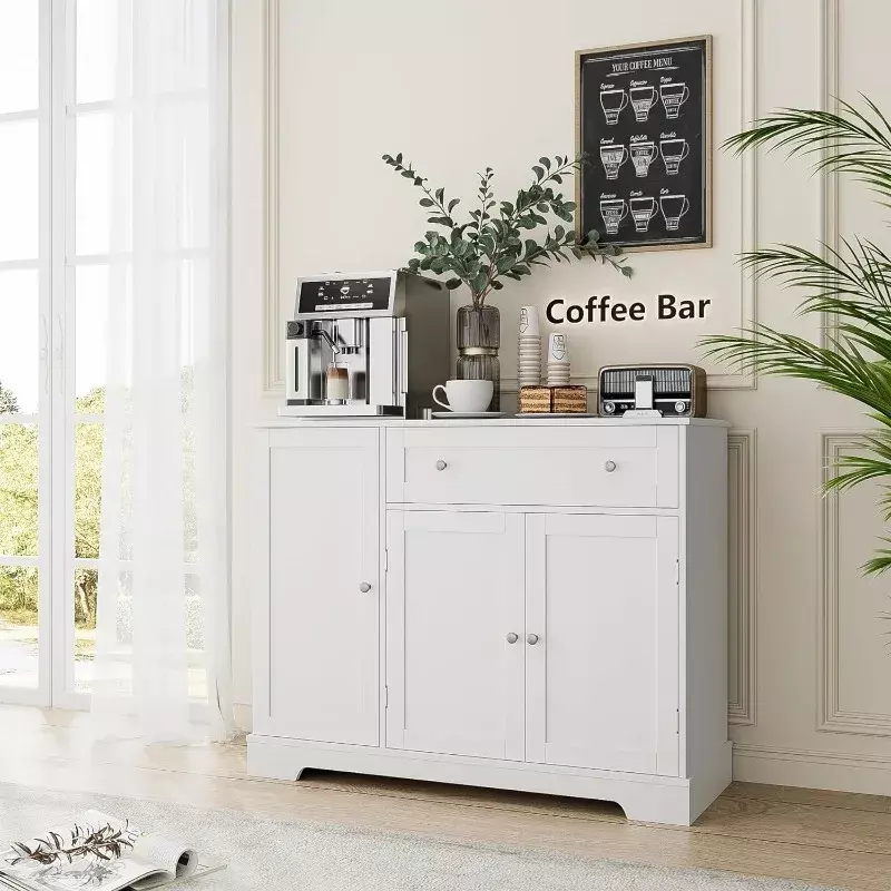보관함 포함 뷔페 캐비닛, 목재 커피 바 주방 보관 캐비닛, 서랍 및 조절 가능한 선반, 흰색