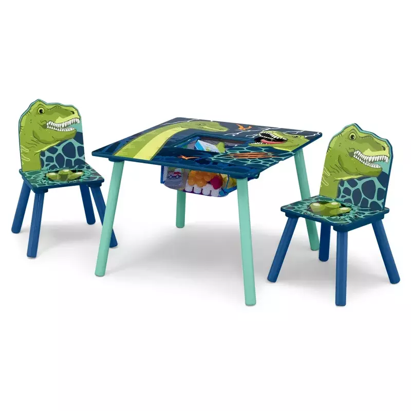 Juego de mesa y silla de dinosaurio con almacenamiento, 2 sillas incluidas, certificado Greenguard dorado, azul/verde