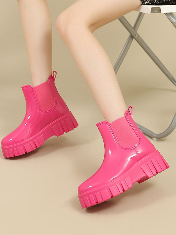 Sepatu bot karet untuk wanita Platform sepatu hujan pergelangan kaki sepatu bot Chelsea antiair sepatu taman kerja