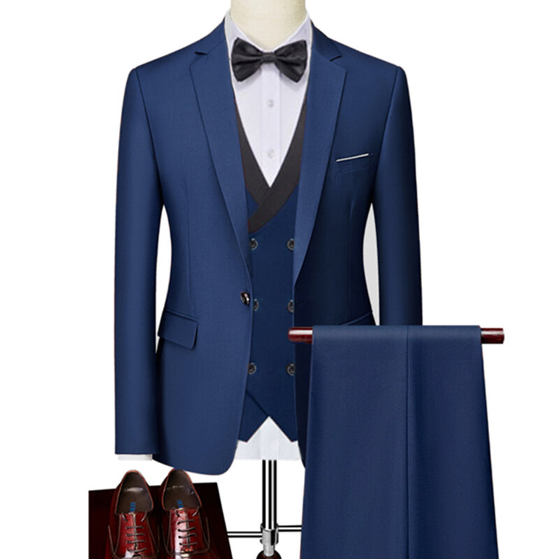 남성용 베이직 스타일 캐주얼 단색 3 피스 수트, 1 단추 블레이저, 재킷 코트, 바지, 바지, 조끼, 16 색