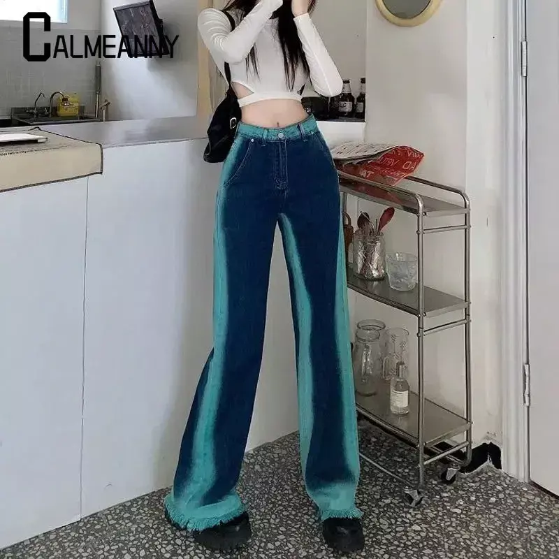 Celana Jeans wanita Y2k musim panas 2023, celana panjang kaki lebar Denim Hip Hop kasual Gotik pinggang tinggi unik serbaguna