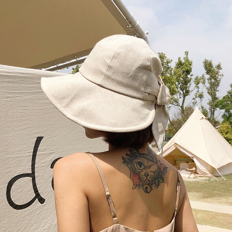 Woman Cotton Summer Hemp Bucket Hat Sunscreen Cap Beach Outdoor Panama Bowknot   Foldable Sun Hat Breathable Headwear