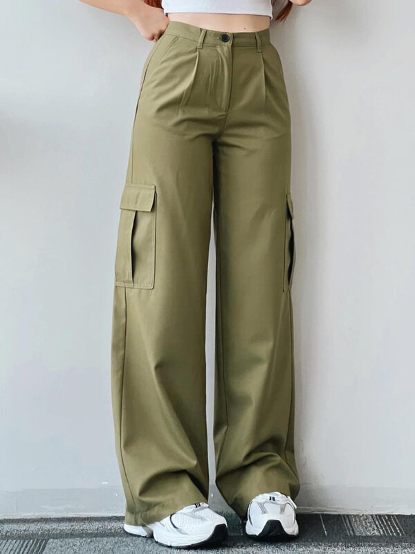 Y2K Women Vintage Cargo Pants Streetwear Techwear Korean Harajuku Parachute Pants Beige Sweatpants Wide Leg Joggers Trousers
