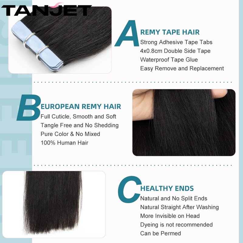 Fita reta em extensões de cabelo humano para mulheres, preto natural, cabelo remy real, 12-26 pol, 20 pçs/pacote