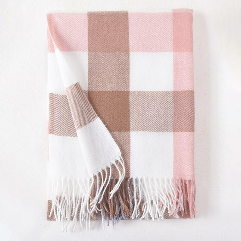 Women Tassel Scarf Winter Scarf for Women Double-sided Plush Tassel Wide Long Thick Windproof Shawl with Decorative Plaid Print