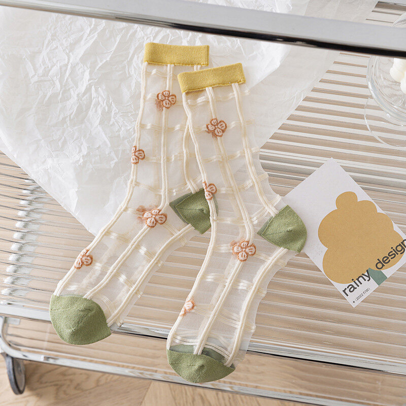 Lolita-calcetines largos con flores bordadas para mujer, medias elásticas ultrafinas de tulipán, de seda de cristal, Kawaii, Retro, transparentes, de verano