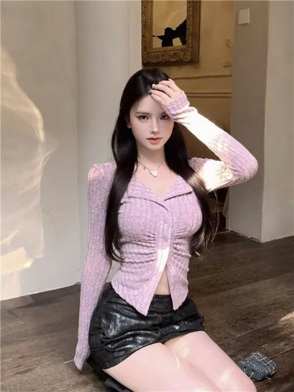Spring Women V neck Solid Color Sweater Thin Knitwear