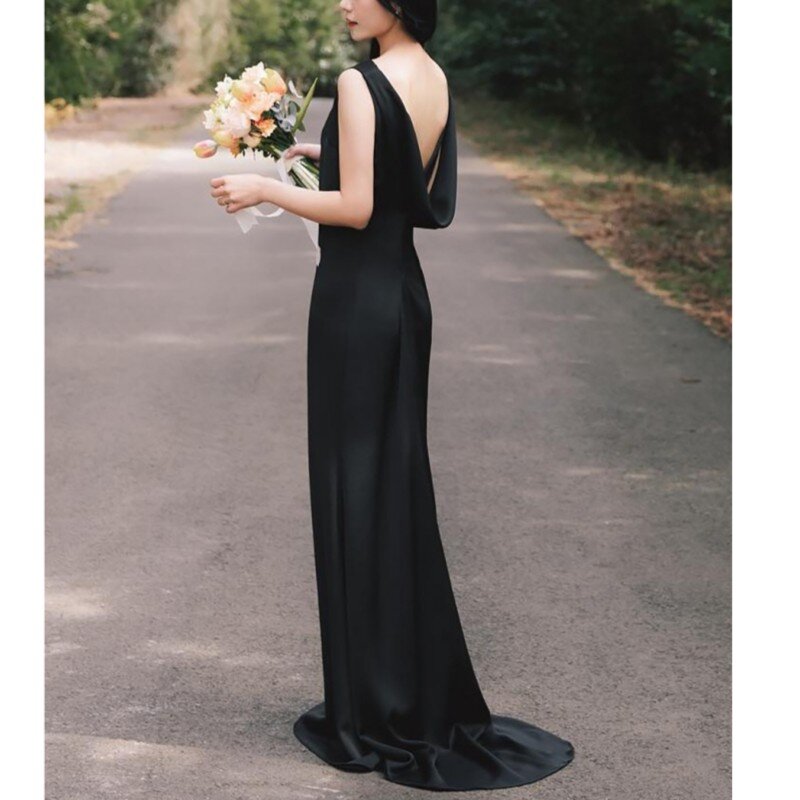 Женское длинное атласное платье It's yiiya, черное атласное платье без рукавов с открытой спиной и юбкой годе на лето 2024