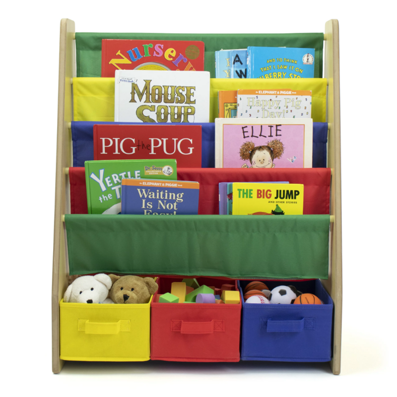 Kids Bookcase with 4 Shelves and 3 Fabric Bins, Natural Wood/Primary