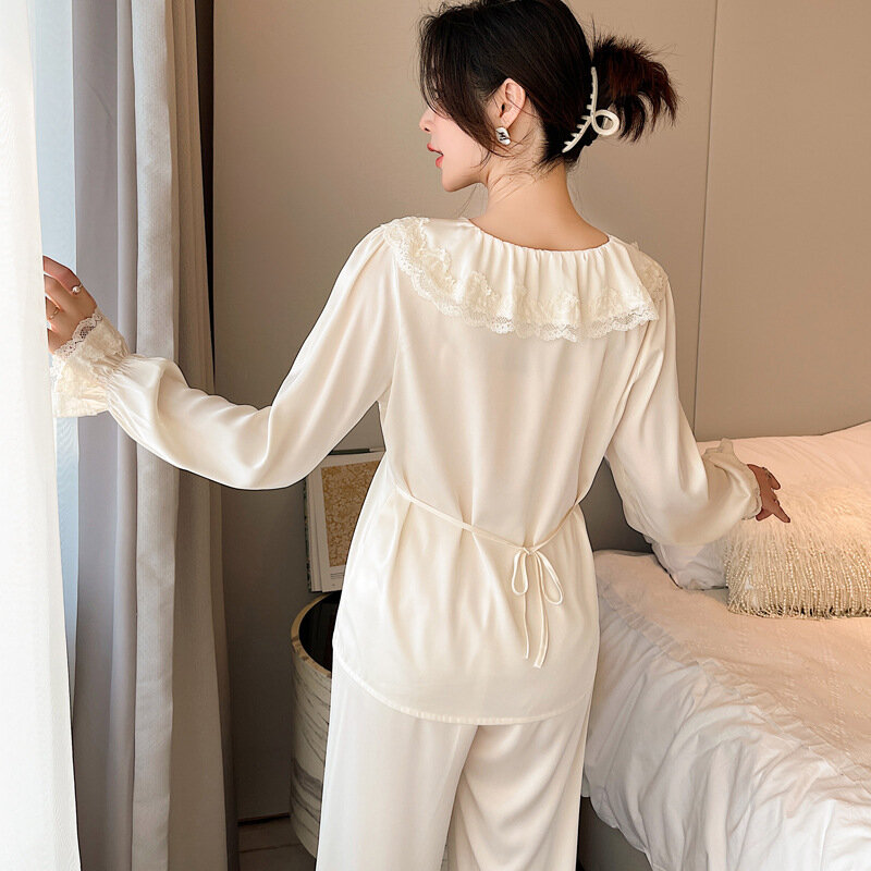 Satin Lace Patchwork Nightwear Cute Women Pajamas Suit Long Sleeve 2PCS Sleep Set Home Clothing Spring V-Neck Sexy Pyjamas