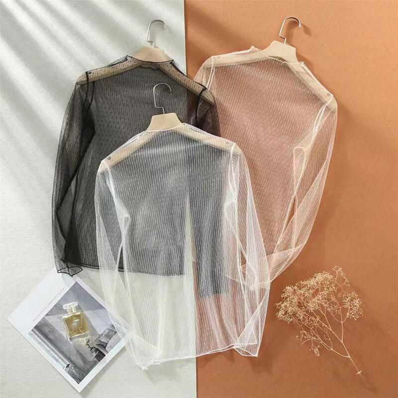Women Top Ultra-thin See-through Transparent Lace Long Sleeves Solid Color Loose Casual Mock Neck Visible Spring Summer Shirt