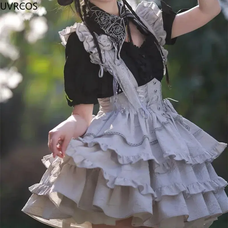 Vestido Lolita gótico vitoriano para mulheres, estilo punk, arco rosa, vestidos de bandagem sem mangas, mini vestido para festa Harajuku Y2k, japonês