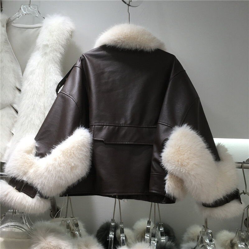Moda 2023 zima biurowa, nowa pani imitacja futra lisa płaszcz kobiet krótka duża kieszeń nity kurtka ze sztucznego futra chic odzież damska