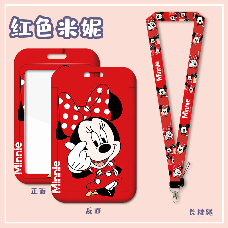 Disney-tarjetero de PVC con dibujos animados de Mickey Mouse, bolsa de cuello colgante antipérdida para estudiantes, con cordón para tarjetas de identificación, regalo