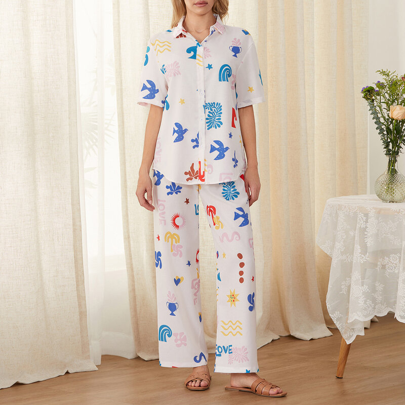 Dames Casual 2-delige Outfits Korte Mouwen Cartoon Print Shirt Met Knoop + Broek Set Loungewear
