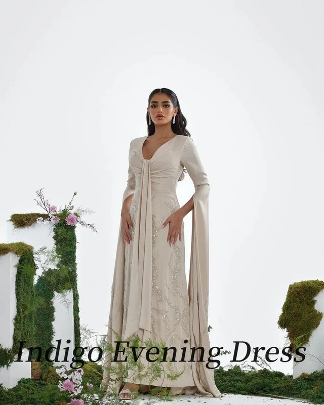 Indigo New Fashion Ballkleider bodenlangen V-Ausschnitt Frauen Langarm Perlen elegantes Abendkleid 2024 فساتين مناسبة رسمية