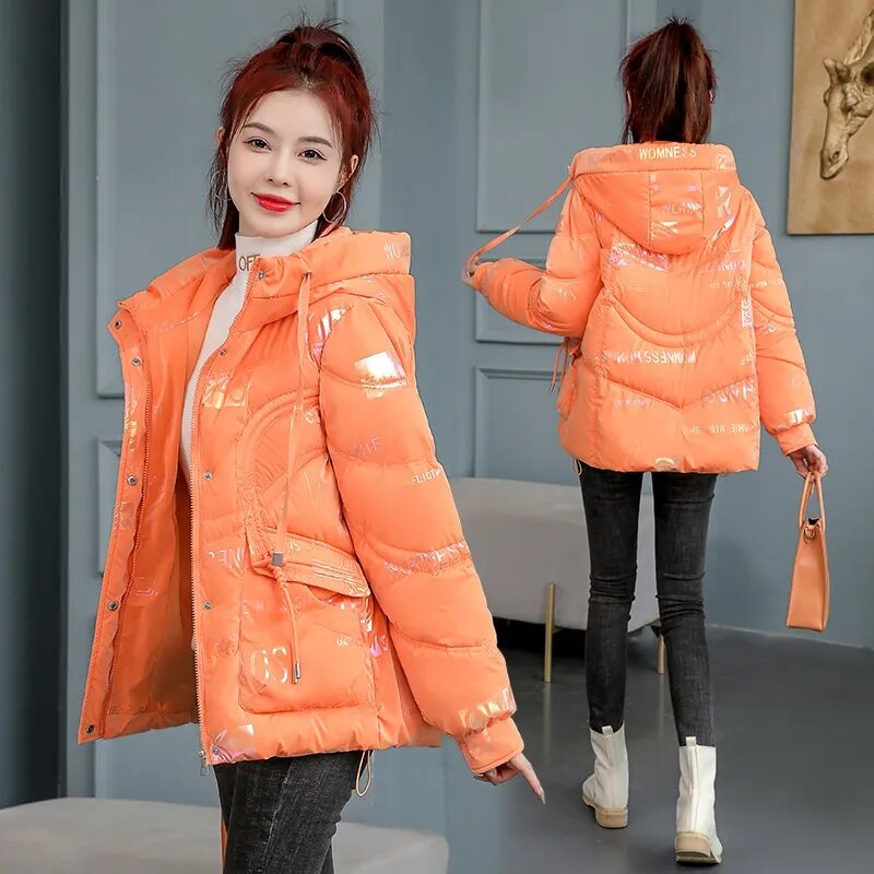 2023 New Fashion Printing Glossy Winter Jackets Women Parkas Hooded Down Cotton Jacket Female Casual Thick Warm short Outwear