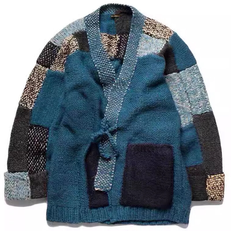 Kapitale amerikanische Retro gestrickte Strickjacke Robe Kimono Patchwork Pullover Hirata Kazuhiro ethnischen Stil