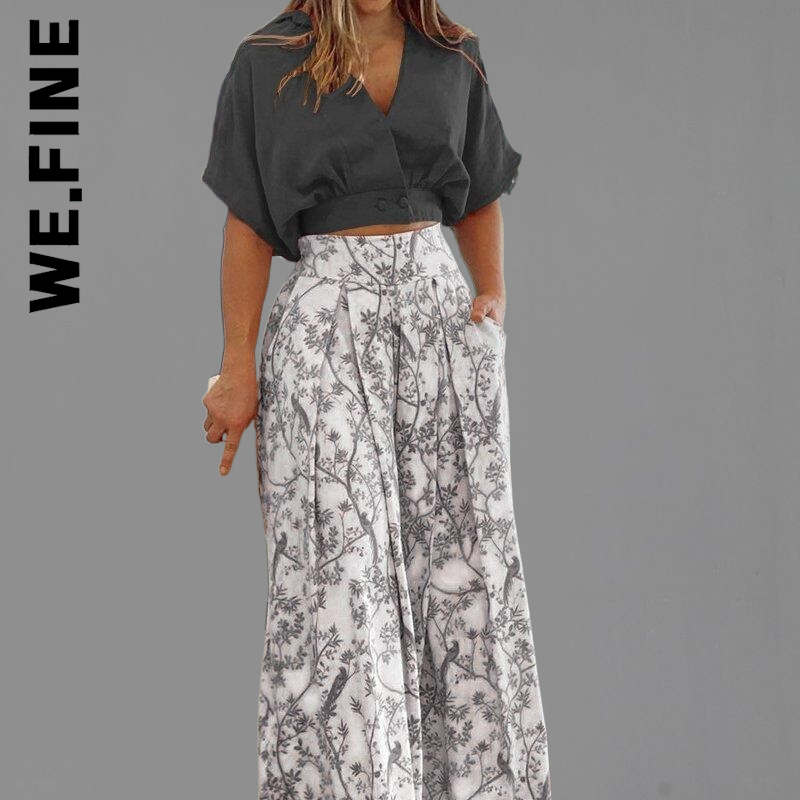 We.Fine 2022 Summer Womens Elgant 꽃 프린트 와이드 레그 팬츠 High Streetwear Two Piece Sets 섹시한 중형 슬리브 셔츠 의상