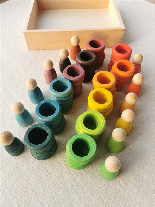 Giocattoli in legno per bambini monete e anelli arcobaleno di faggio blocchi impilabili con bambole pioli parti sciolte