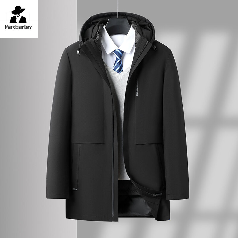 Jaket bulu angsa pria baru 2024 jaket panjang menengah hangat tahan angin pria mantel bertudung dengan lapisan bulu angsa mewah musim dingin
