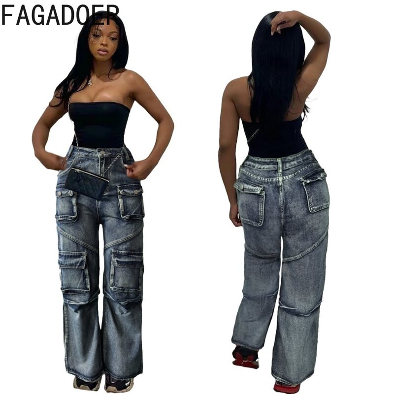 Fagadoer-女性用ポケット付きグレーカーゴパンツ、ハイウエスト、ボタン、ワイドレッグジean、カジュアルカウボーイストレートパンツ、ビーデニムファッション