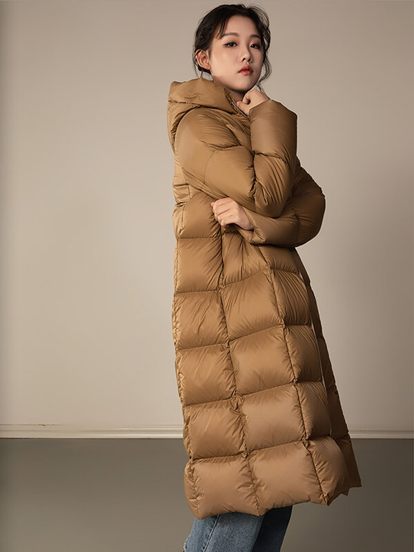 두껍고 따뜻한 화이트 오리털 후드 다운 코트 및 재킷 여성용, 단색 파카, 겨울 패션