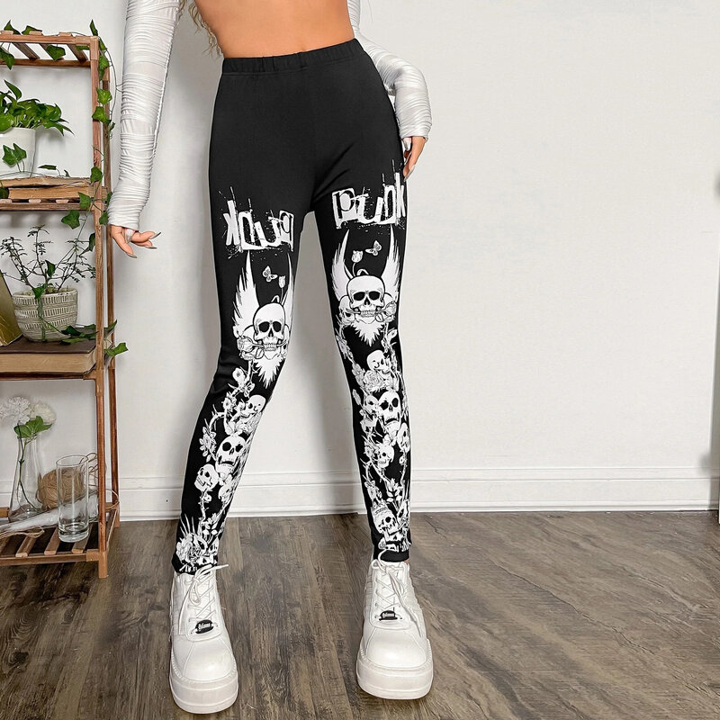 Leggings décontractés à imprimé crânes d'Halloween pour femmes, pantalons noirs de sport de fitness, taille élastique, leggings gothiques minces, grande taille