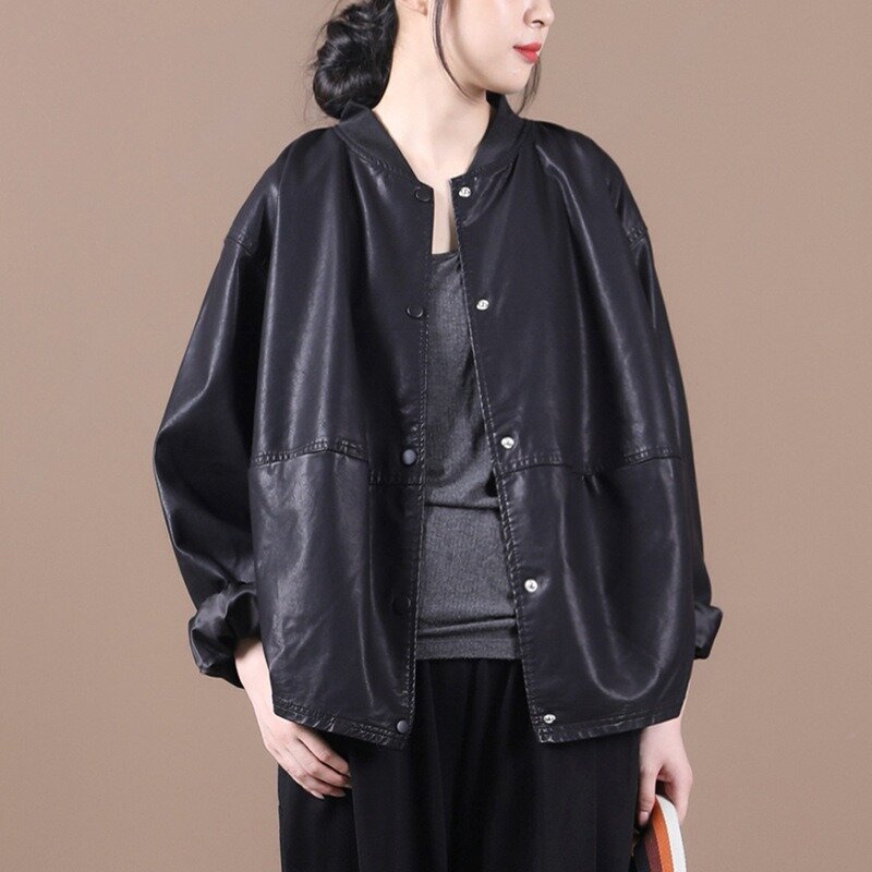 2023 Spring Autumn New Loose Slimming Age Baseball Collar Single-breasted Cardigan Short Comfortable Pu Leather Coat Women