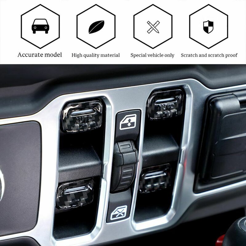 Interruptor de elevación de ventana, cubierta de botón ajustable, embellecedor ABS, accesorios interiores para Jeep Wrangler JL JT 2018-2021 (fibra de carbono)