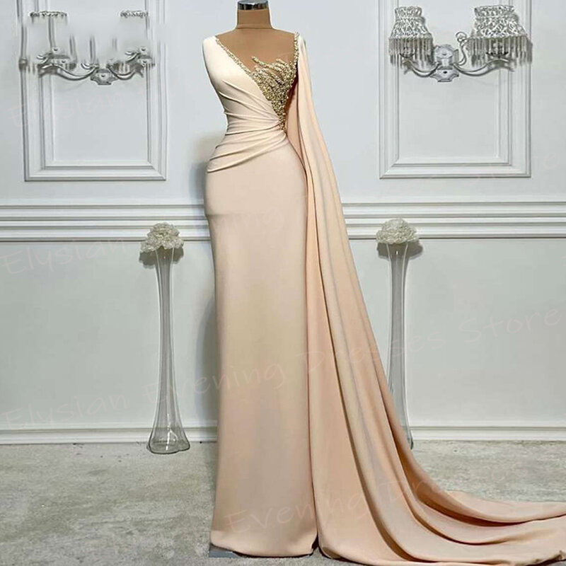 2024 Arabic Beautiful Women's Mermaid Modest Evening Dresses Beaded Prom Gowns Pleated Formal Party Robe De Soirée Luxe Elégante
