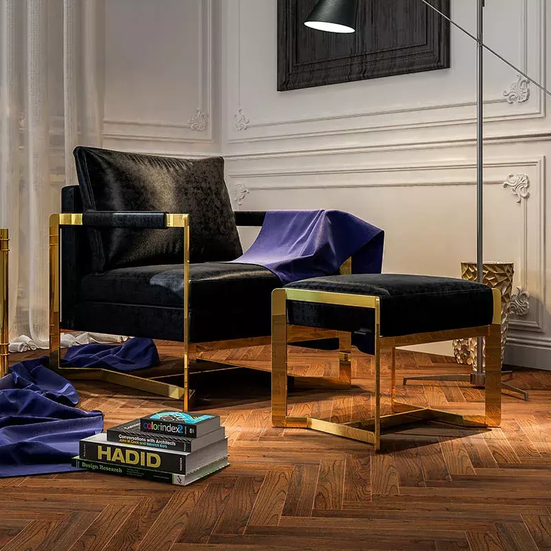 Postmodernistyczny prosty metalowa rama pojedyncza sofa niski stołek fotel wypoczynkowy zestaw aksamitnych sofa materiałowa