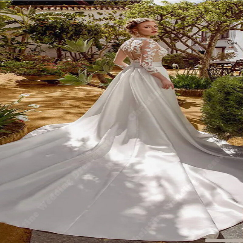 빛나는 새틴 표면 웨딩 드레스, 우아한 A 라인 레이스 데칼, 신부 가운, 최신 맞춤형 클래식 공주