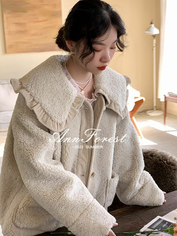 Casaco de pelúcia solto com gola babada, jaqueta de lã, boneca de renda, cordeiro, outono e inverno