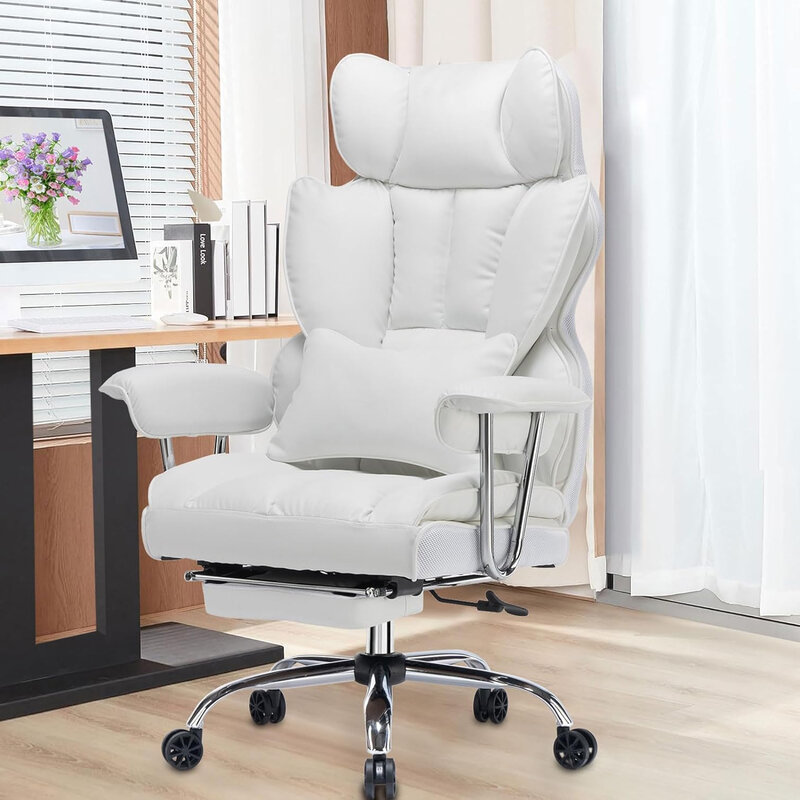 Krzesło biurowe 400 funtów, duże i wysokie krzesło biurowe, krzesło do pracy na komputerze ze skóry PU, podnóżek i pas wspierający, białe krzesło biurowe