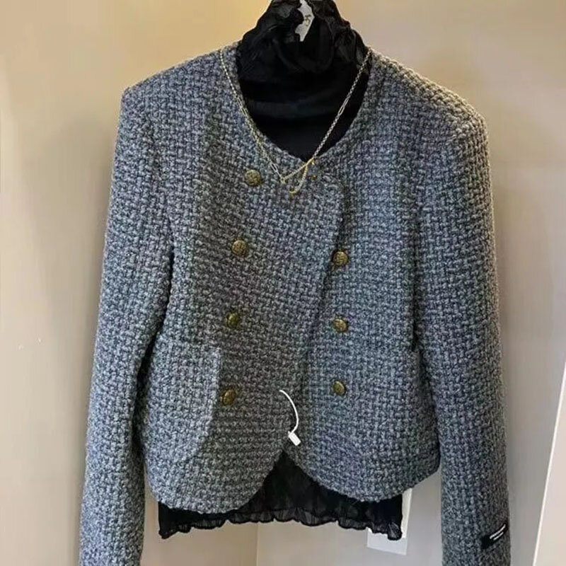 Jaket wol wol wanita, atasan kardigan kecil lengan panjang kualitas tinggi, jaket wol elegan pendek musim gugur 2024